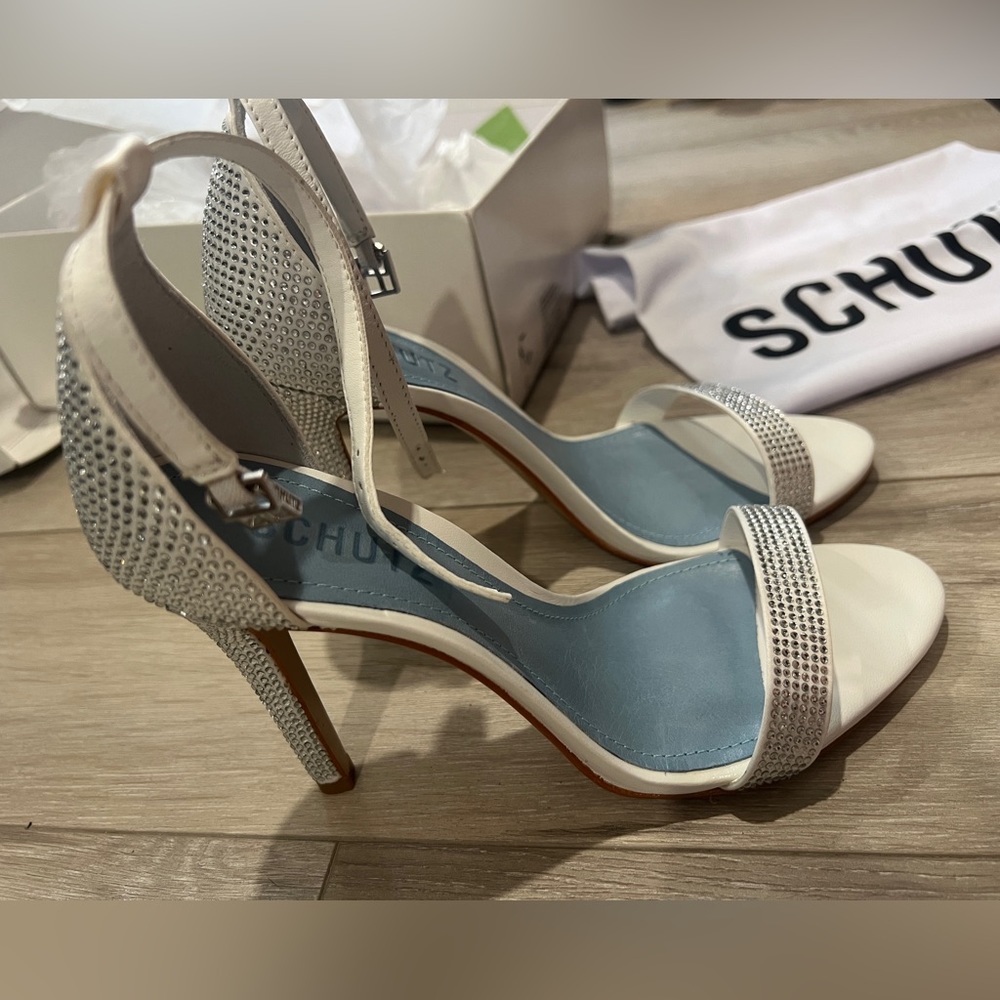 White rhinestone Schultz heels